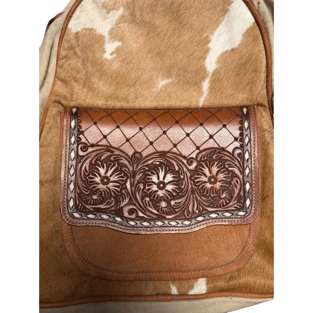 Flawed Gem! Western Cowhide Tooled Leather Canvas Backpack Rustic Travel Bag Flawed Gem! Western Cowhide Tooled Leather Canvas Backpack  main image 2